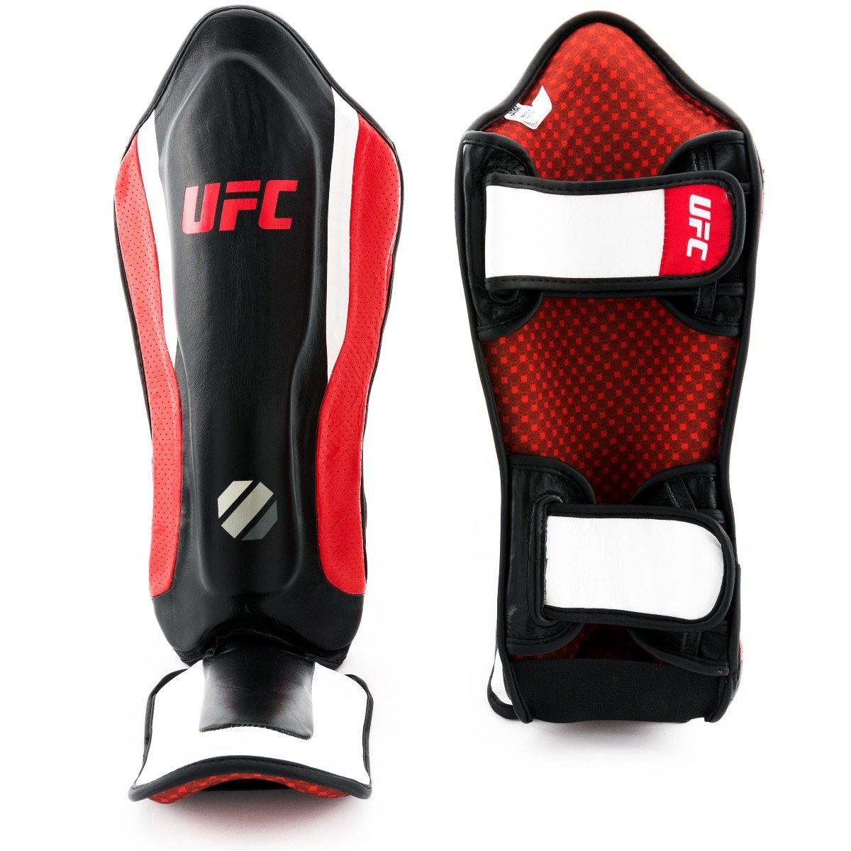 Canilleras UFC Stand-Up training cuero negro-rojo-blanco